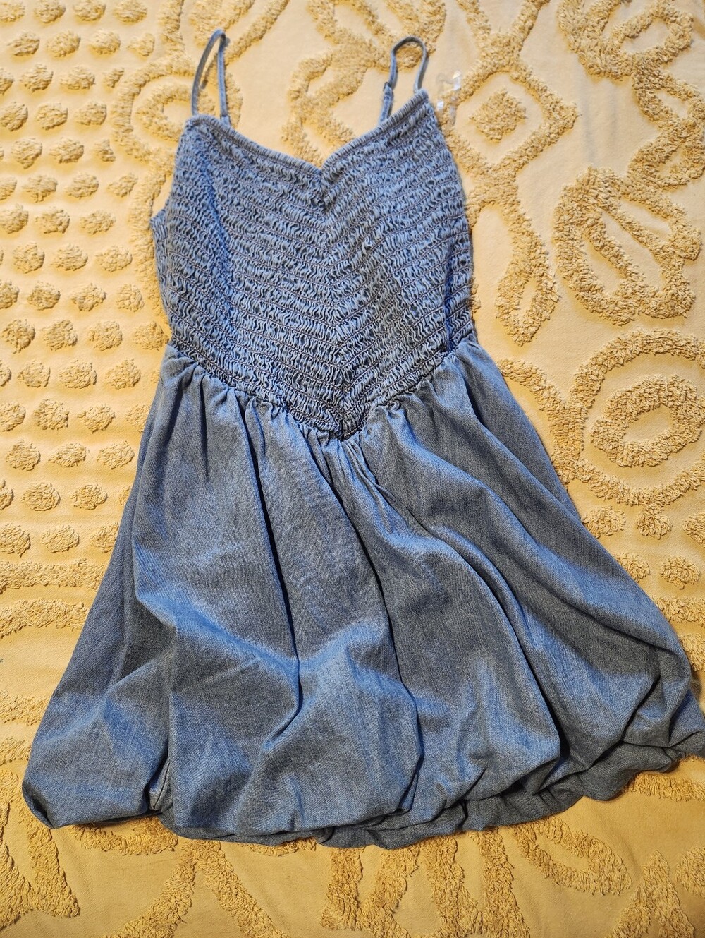 Smocked Chambray Spaghetti-Strap  Dress - Blue
